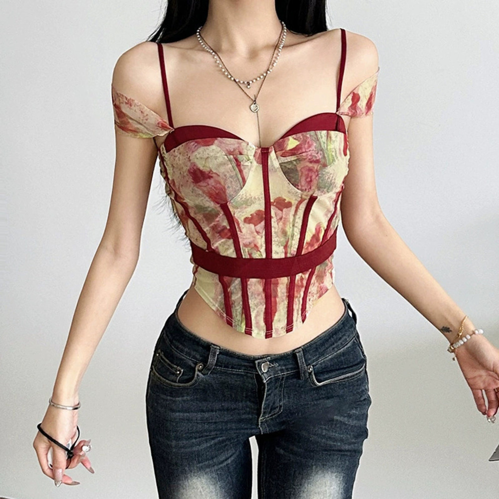 Zara Winter Off Shoulder Thin Strap Mesh Print Slim Fit Crop Top